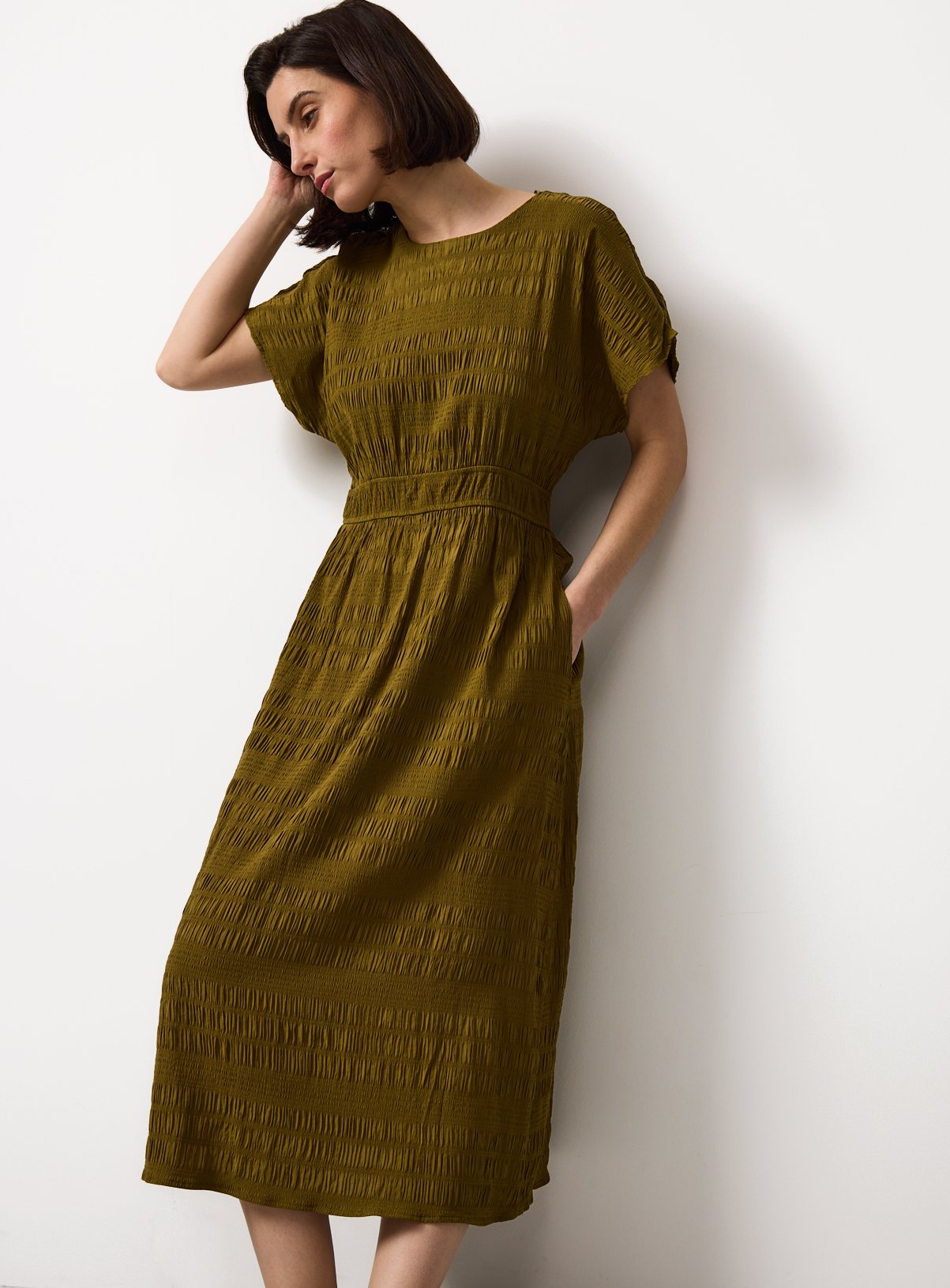 Khaki Shirred Waisted Midi Dress 22