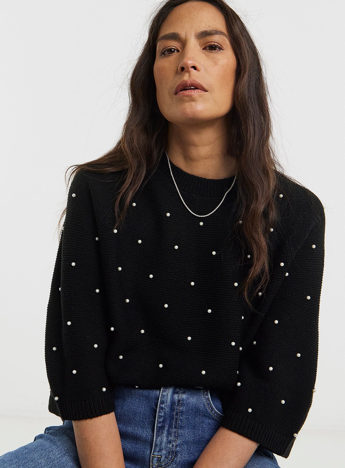 JD WILLIAMS  Pearl Detail Raglan Short Sleeve Jumper 