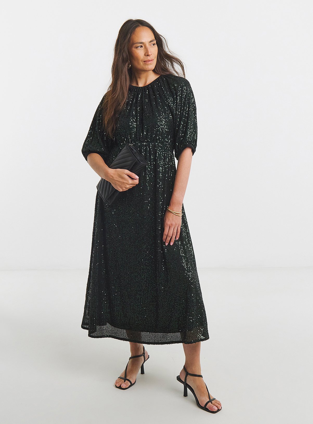 JD WILLIAMS Linear Sequin Puff Sleeve Midi Dress 