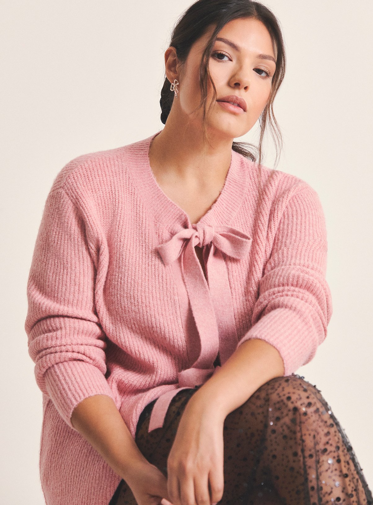 SIMPLY BE Tie Front Bow Cardigan Pink