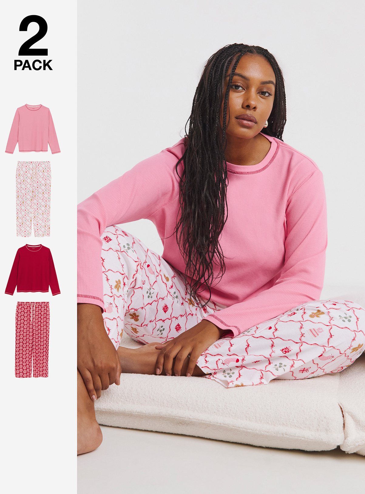 SIMPLY BE 2 Pack Long Sleeve T Shirt Ribbed Pyjama Sets 