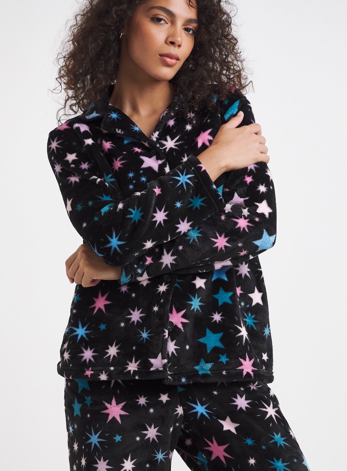 SIMPLY BE Pretty Secrets Fleece Button Through Pyjama Set Star Print 