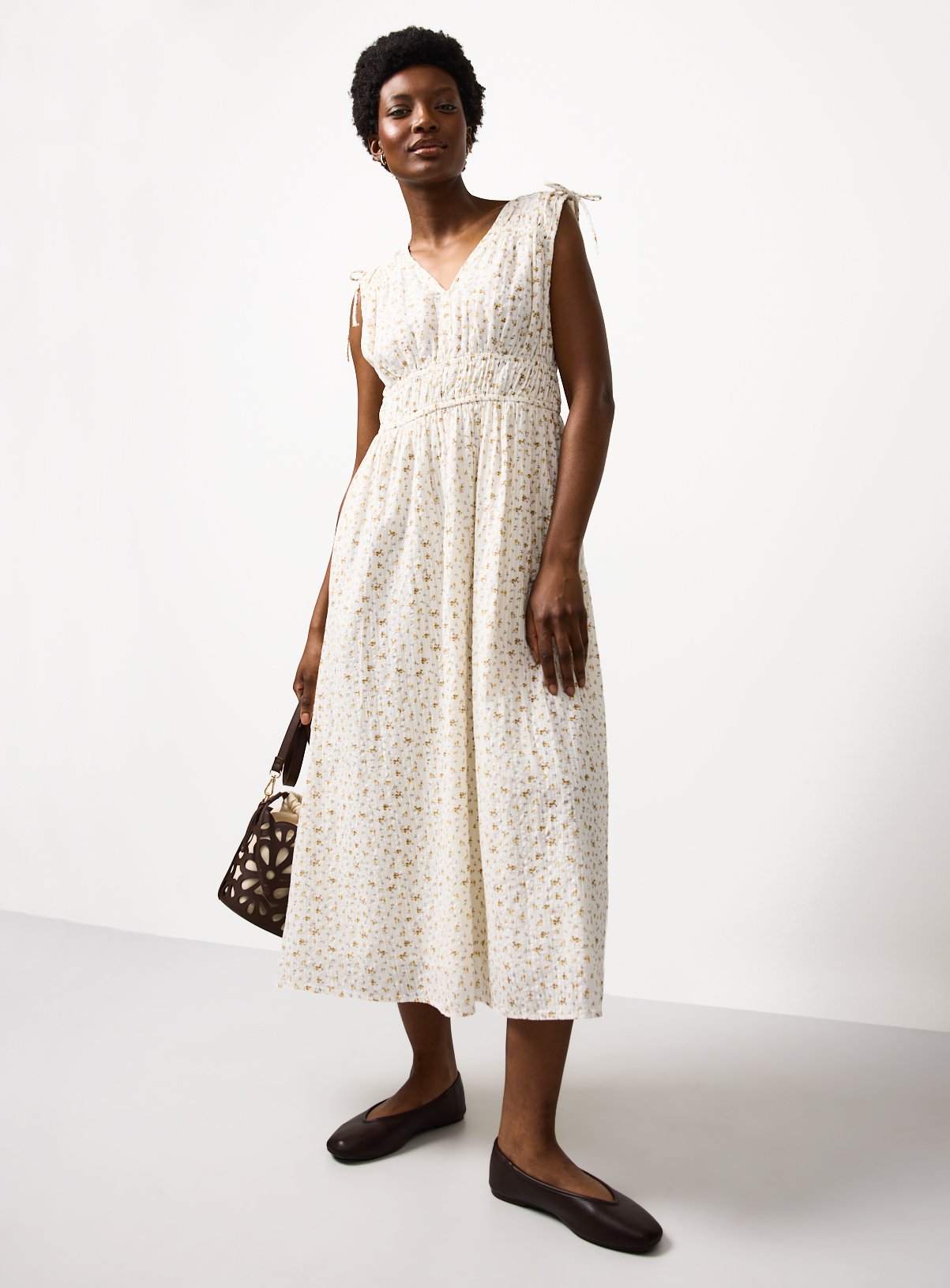Cream Floral Print Shirred Midaxi Dress