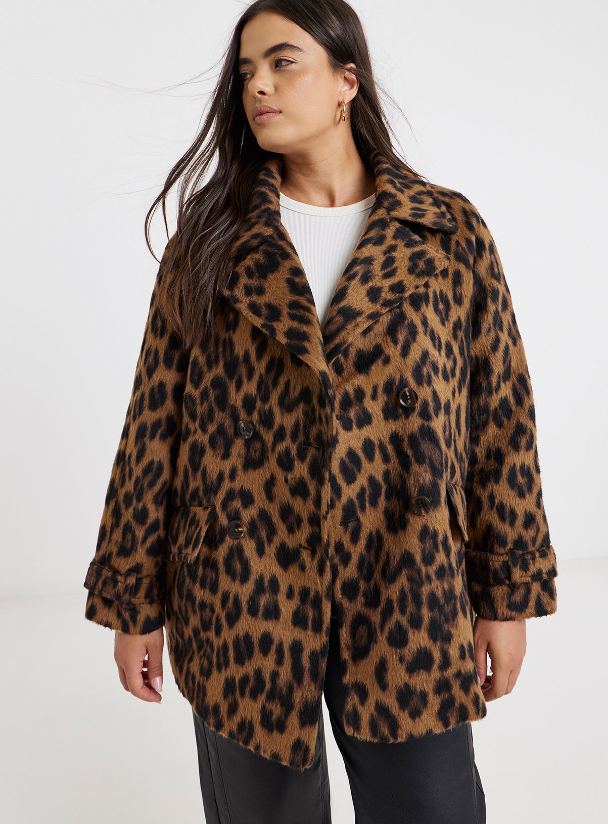 SIMPLY BE Double Breasted Faux Wool Animal Print Pea Coat