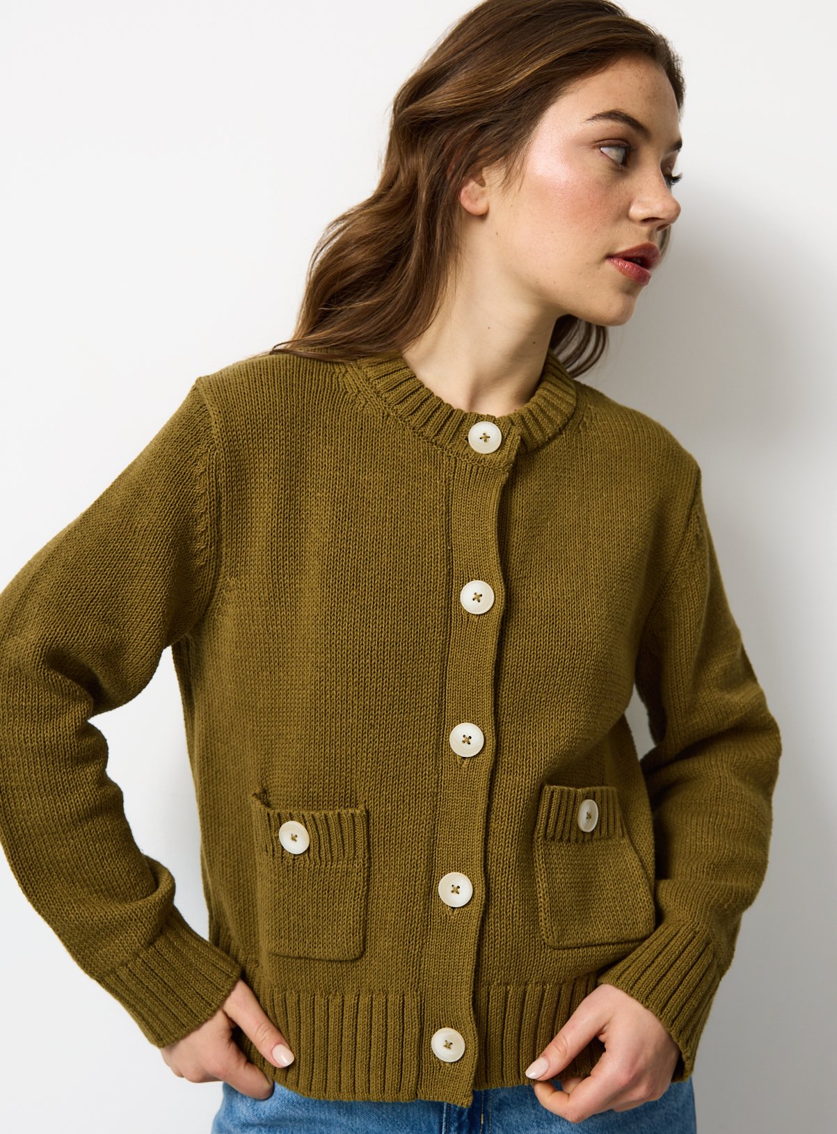 Khaki Boxy Contrast Button Cardigan M