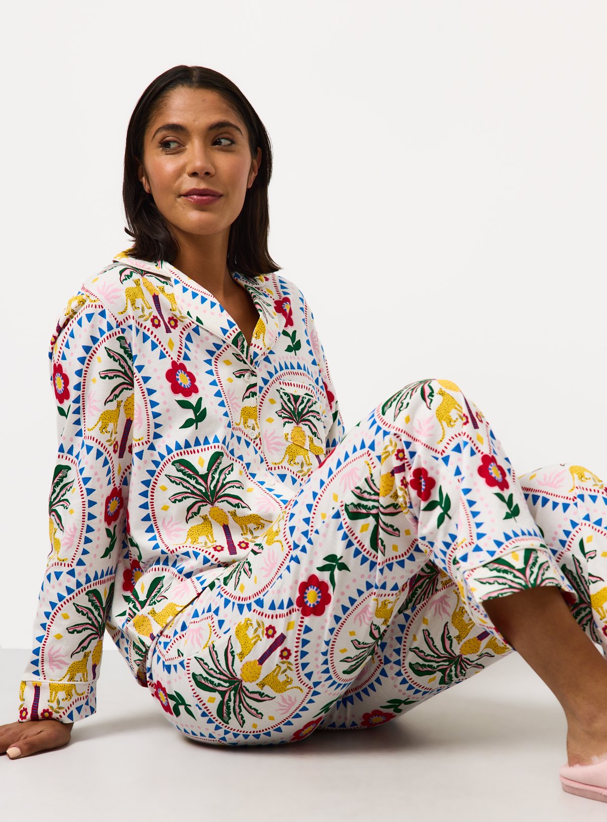 White Tropical Print Jersey Traditional Pyjamas