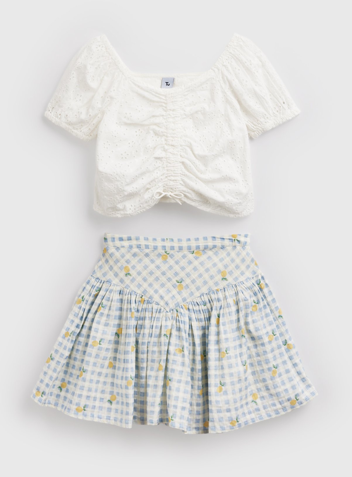 White Top & Blue Gingham Skirt Set 9 years