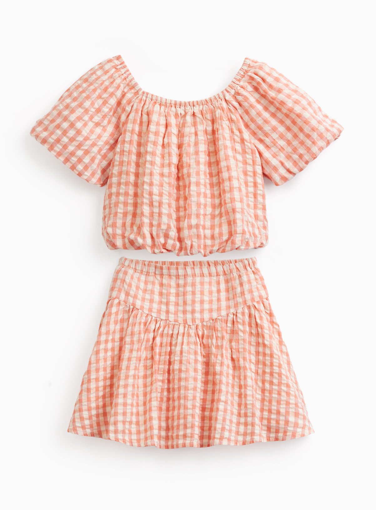 Coral Gingham Balloon Hem Top & Skirt Set 