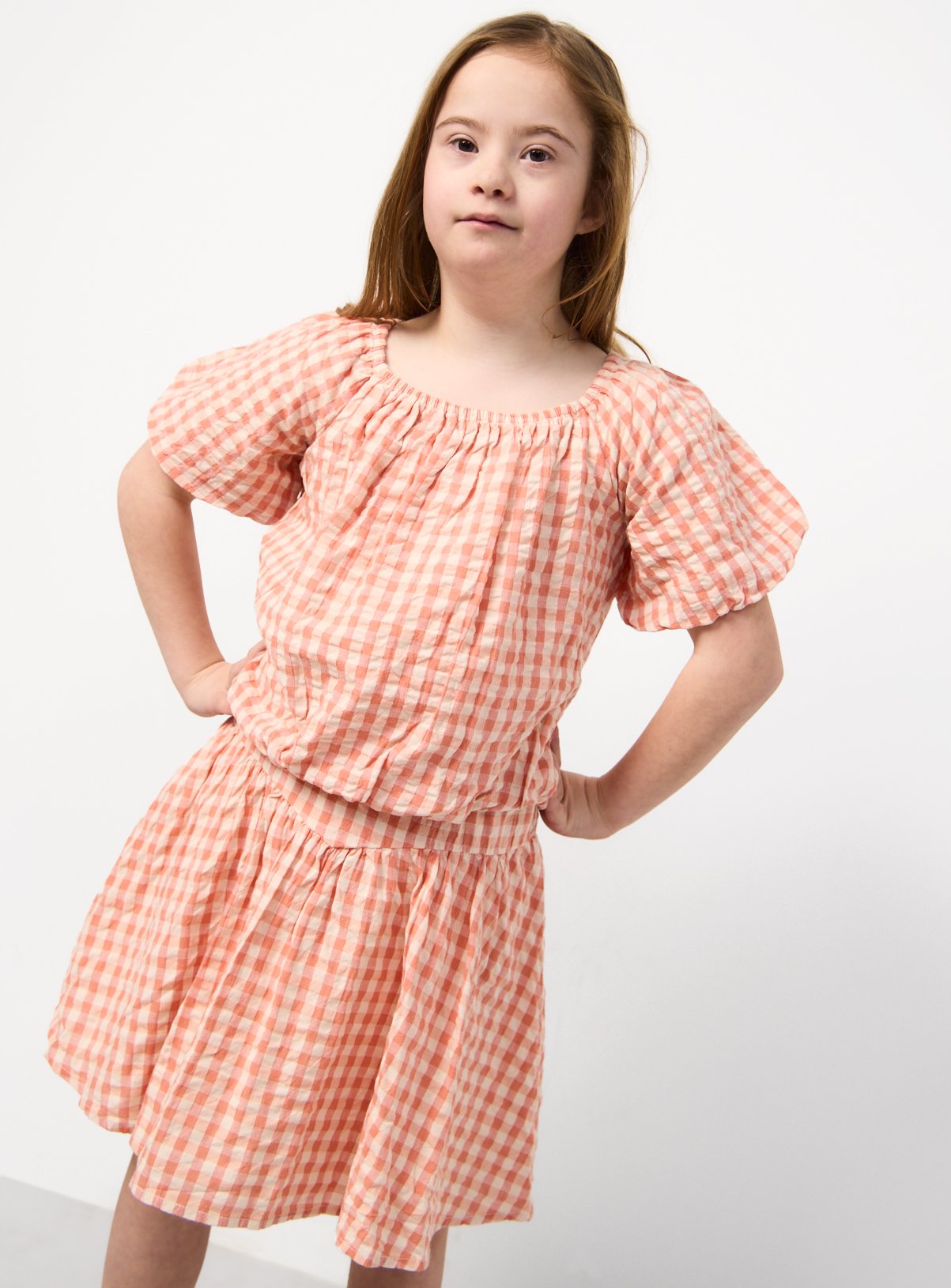 Coral Gingham Balloon Hem Top & Skirt Set