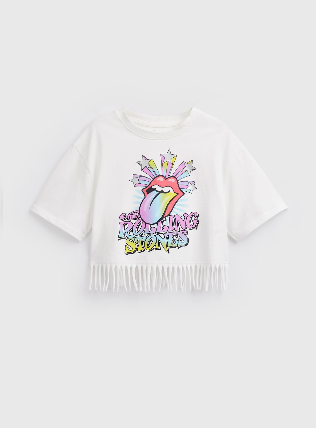 White Rolling Stones Graphic Fringed T-Shirt
