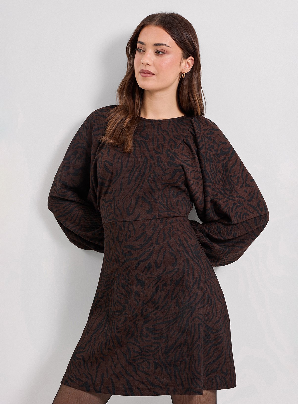 DOROTHY PERKINS Brown Animal Blouson Sleeve Printed Jersey Mini Dress