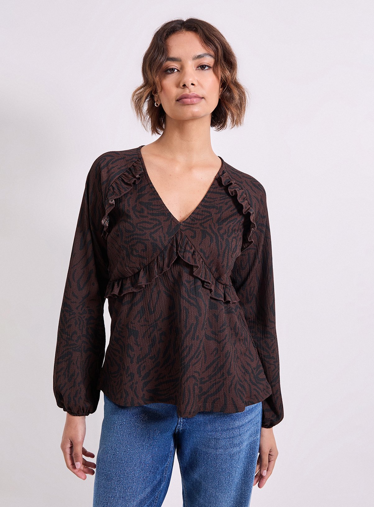 DOROTHY PERKINS Brown Animal Empire Seam Frill Detail Printed Jersey Top