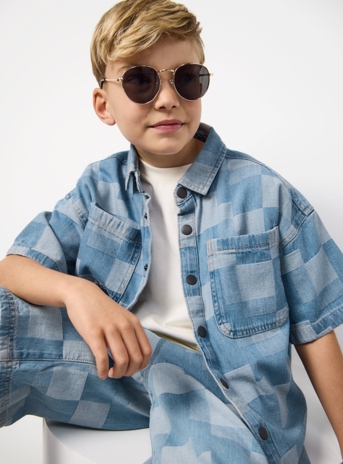 Patchwork Denim Shirt & Shorts 3-Piece Set