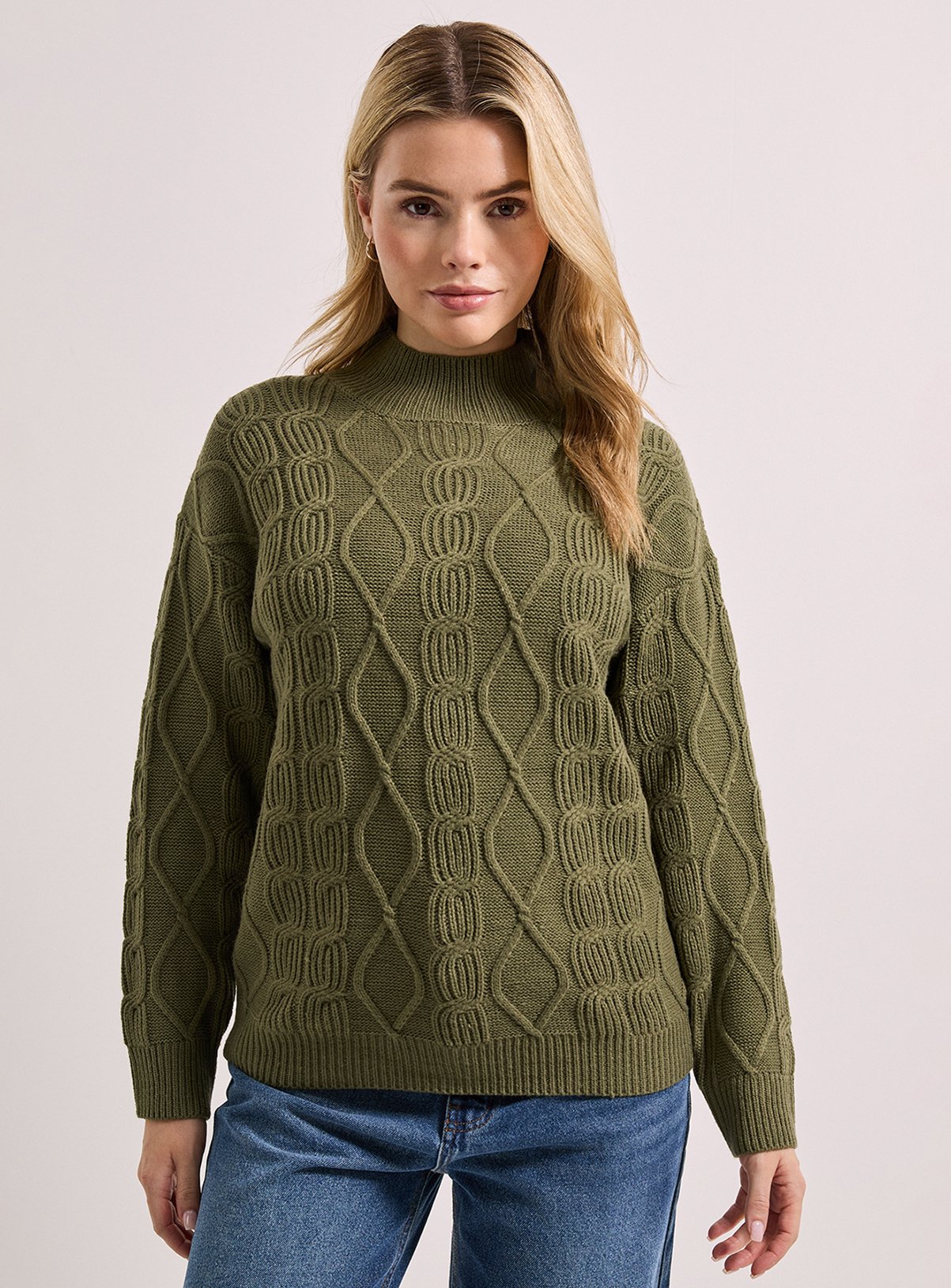 DOROTHY PERKINS Khaki Twisted Cable Funnel Longline Jumper 