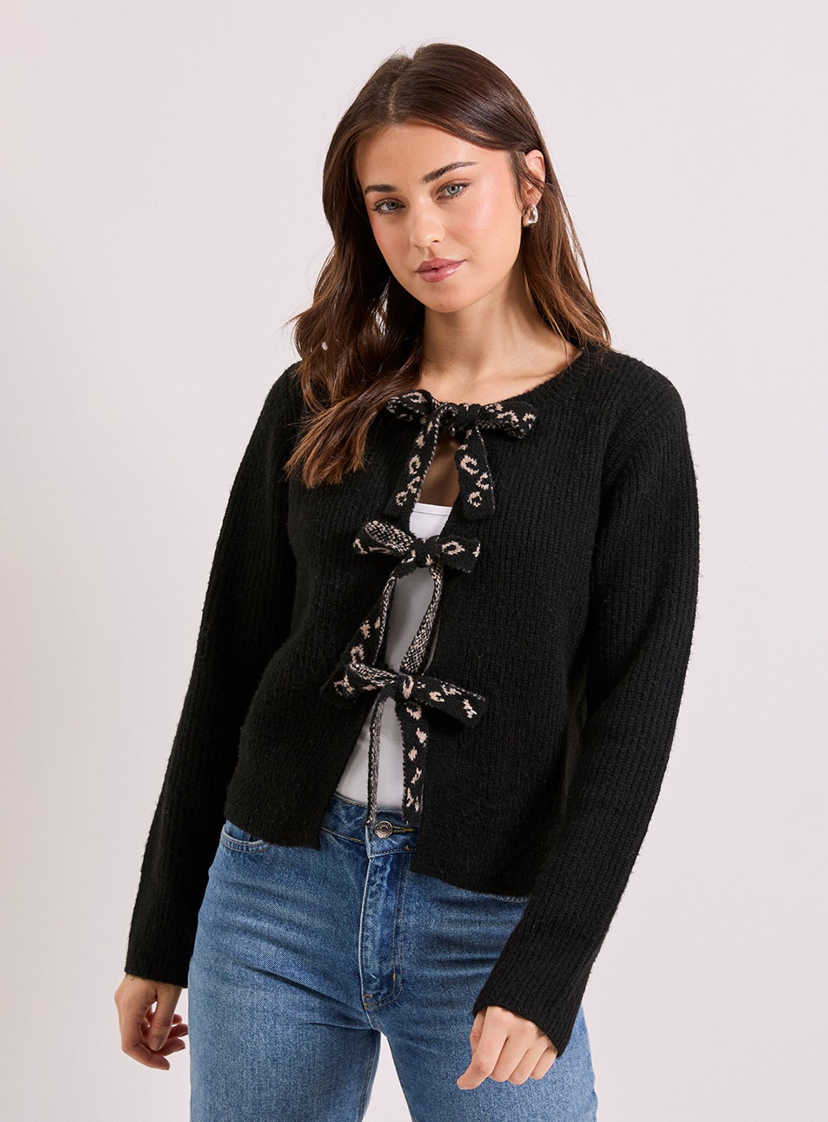 DOROTHY PERKINS Black Leopard Bow Detail Cardigan True Black 