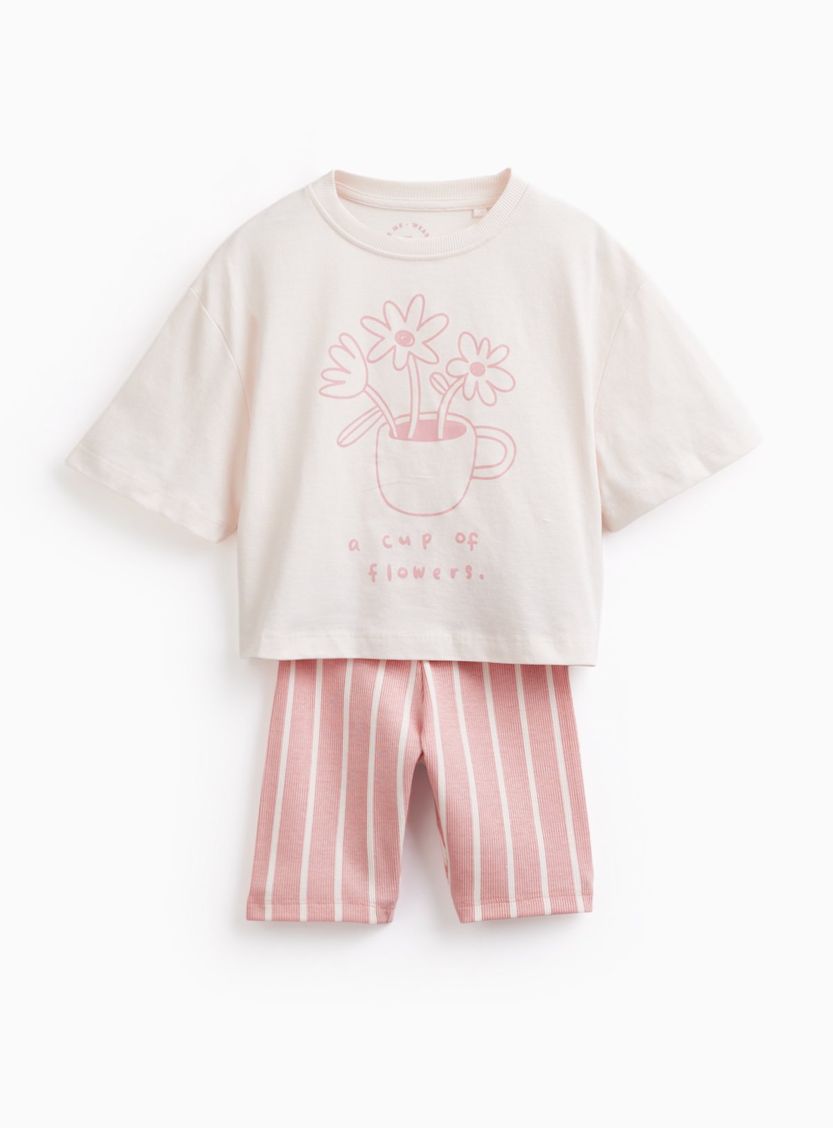 Pink Flower Graphic T-Shirt & Cycle Shorts Set 