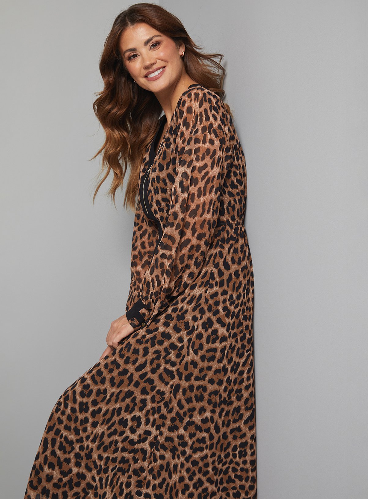 WALLIS Leopard Front Contrast Zip Midi Dress 