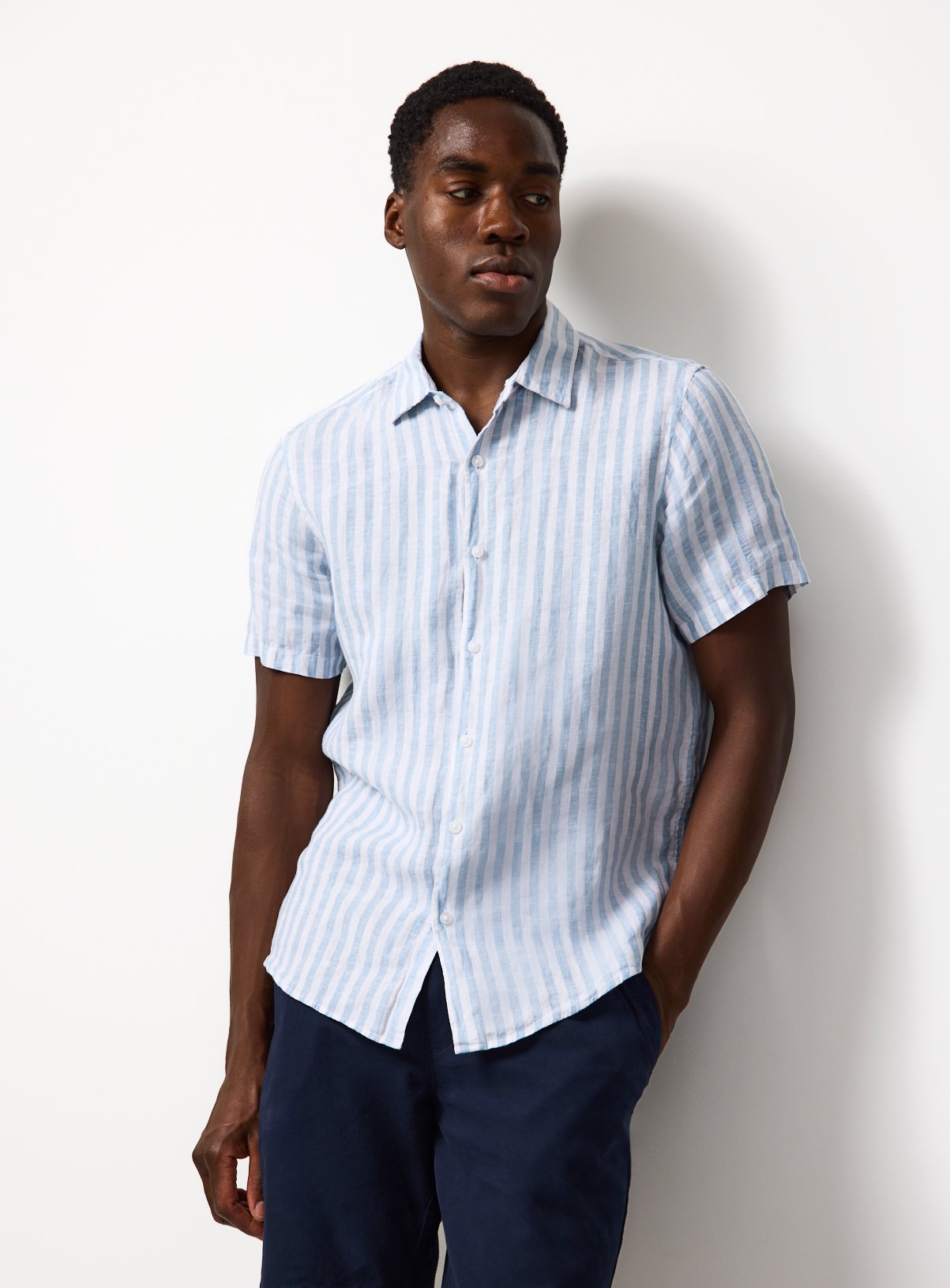 Pure Linen Stripe Short Sleeve Shirt 