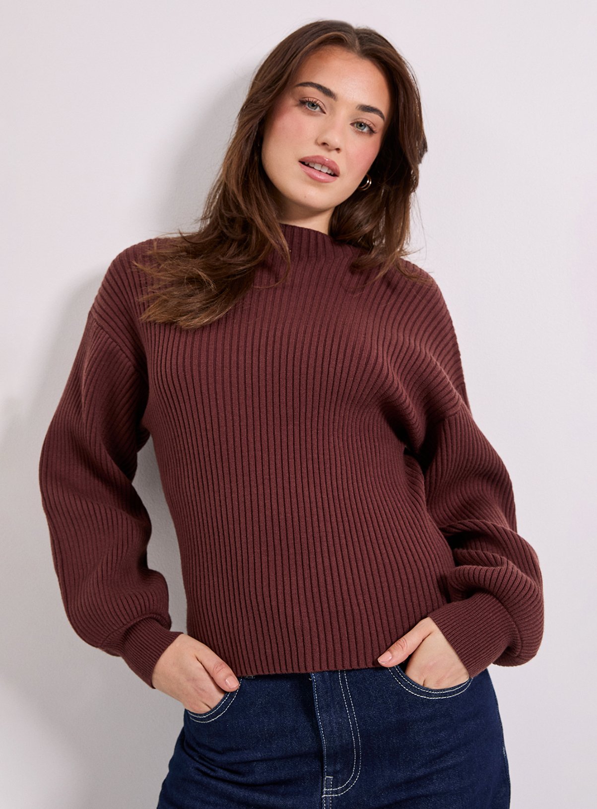 DOROTHY PERKINS Funnel Neck Balloon Sleeve Jumper Chocolate XL