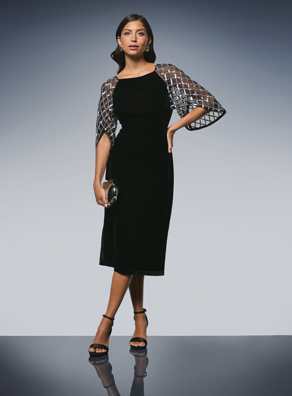 WALLIS Sequin Sleeve Square Neck Velvet Midi Dress