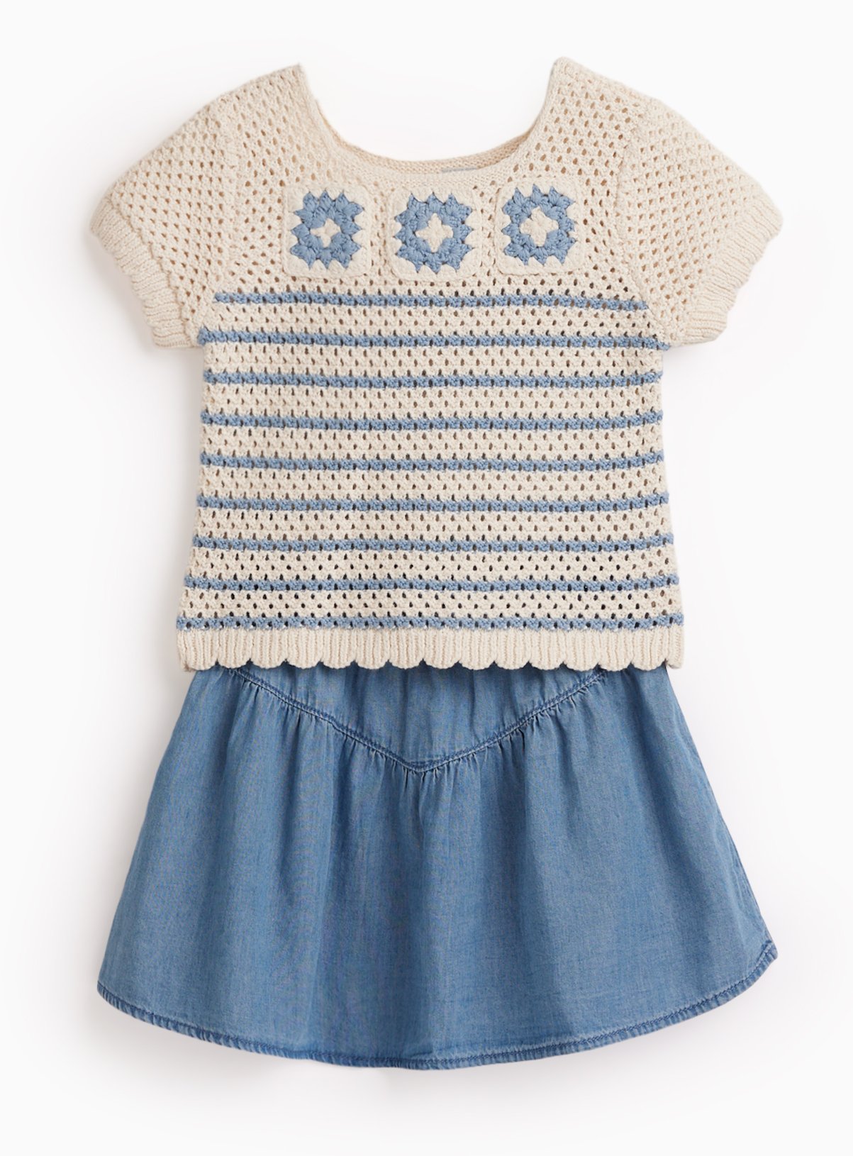 Floral Striped Crochet Top & Skirt Set