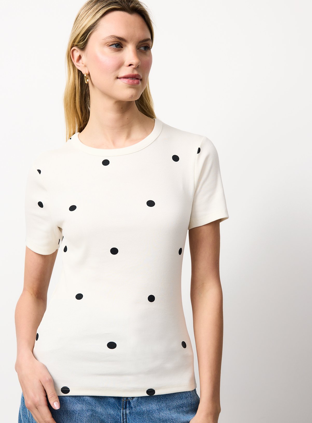 Cream Spot Print Ribbed Slim Fit T-Shirt 20
