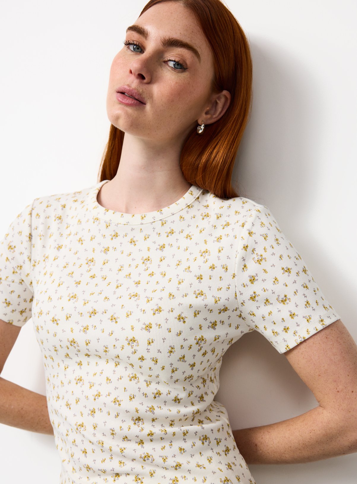 White Floral Print Ribbed Slim Fit T-Shirt 8