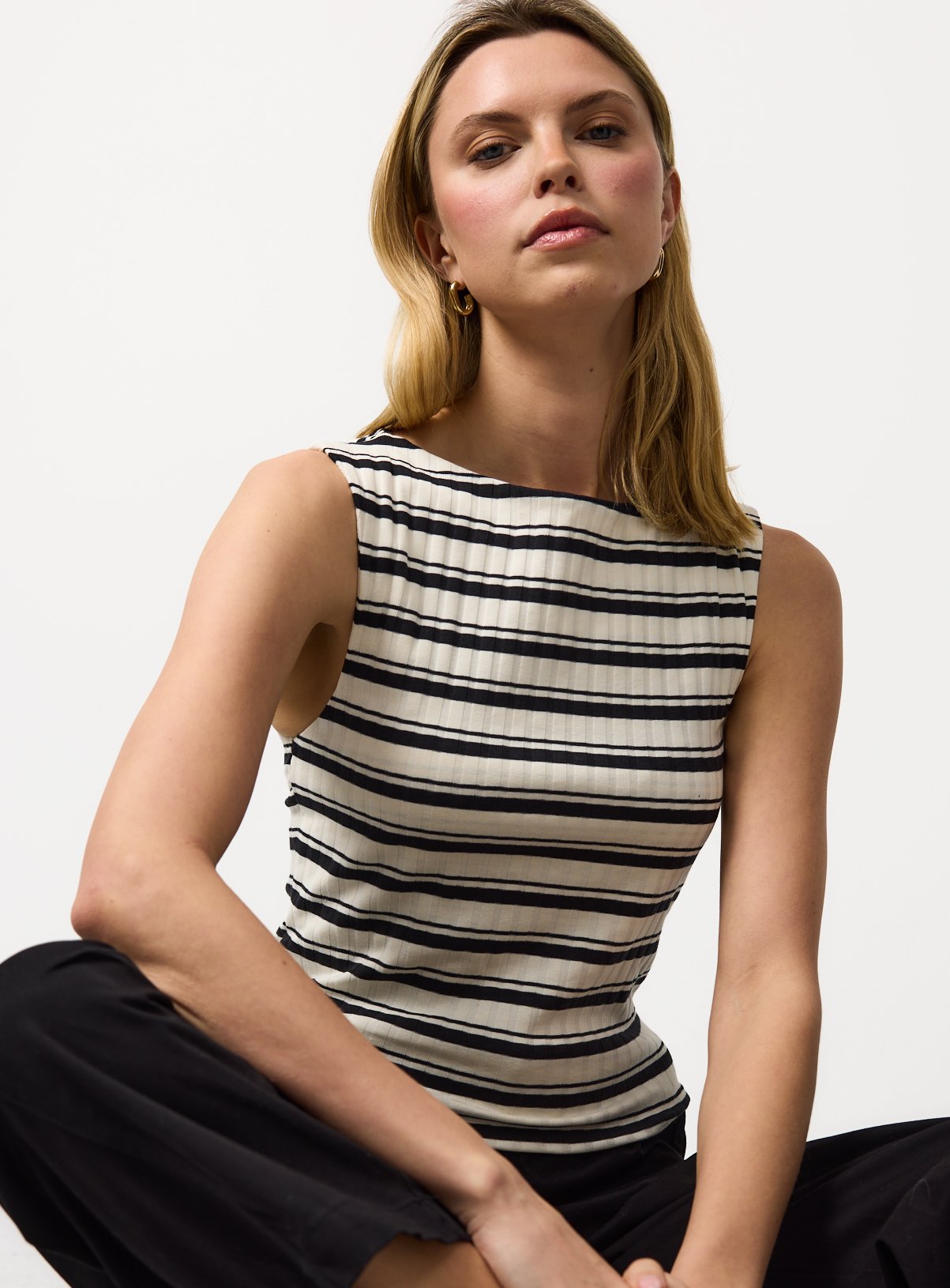 Mono Stripe Ribbed Boat Neck Tank Top 