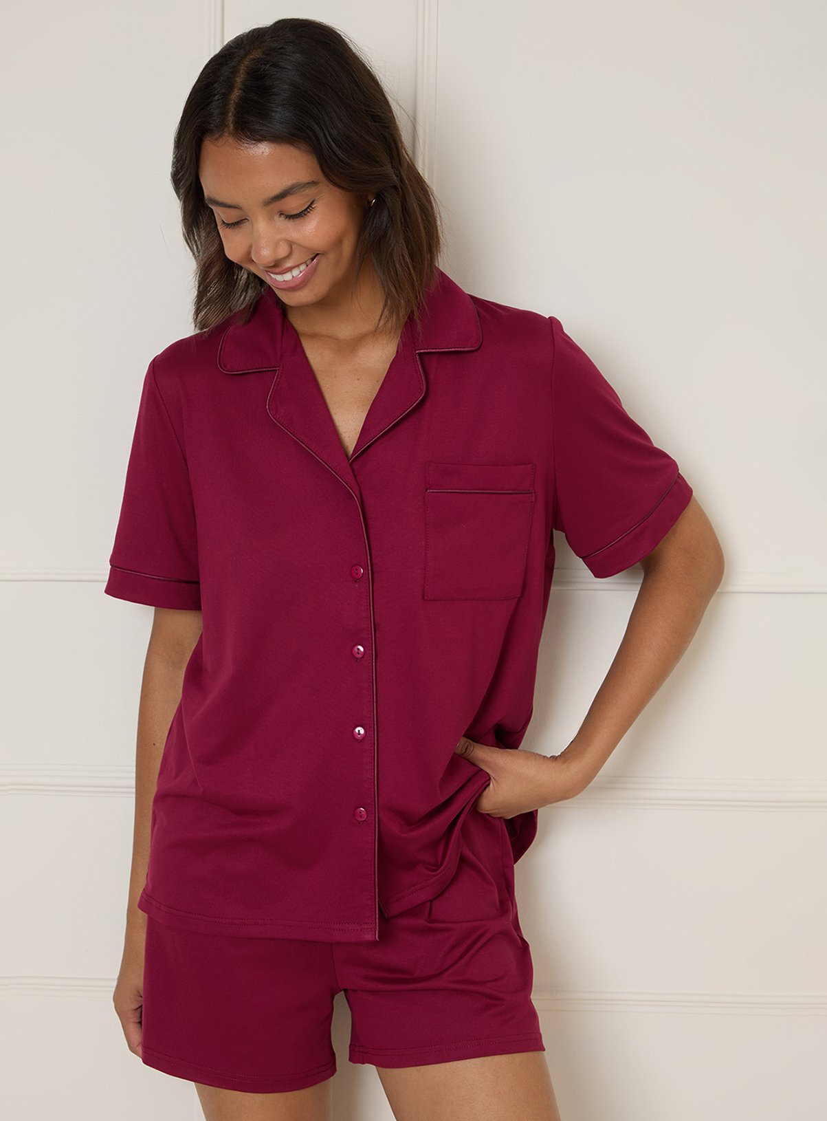 DOROTHY PERKINS Nightwear Tipped Short Sleeve Pyjama Set Burgundy