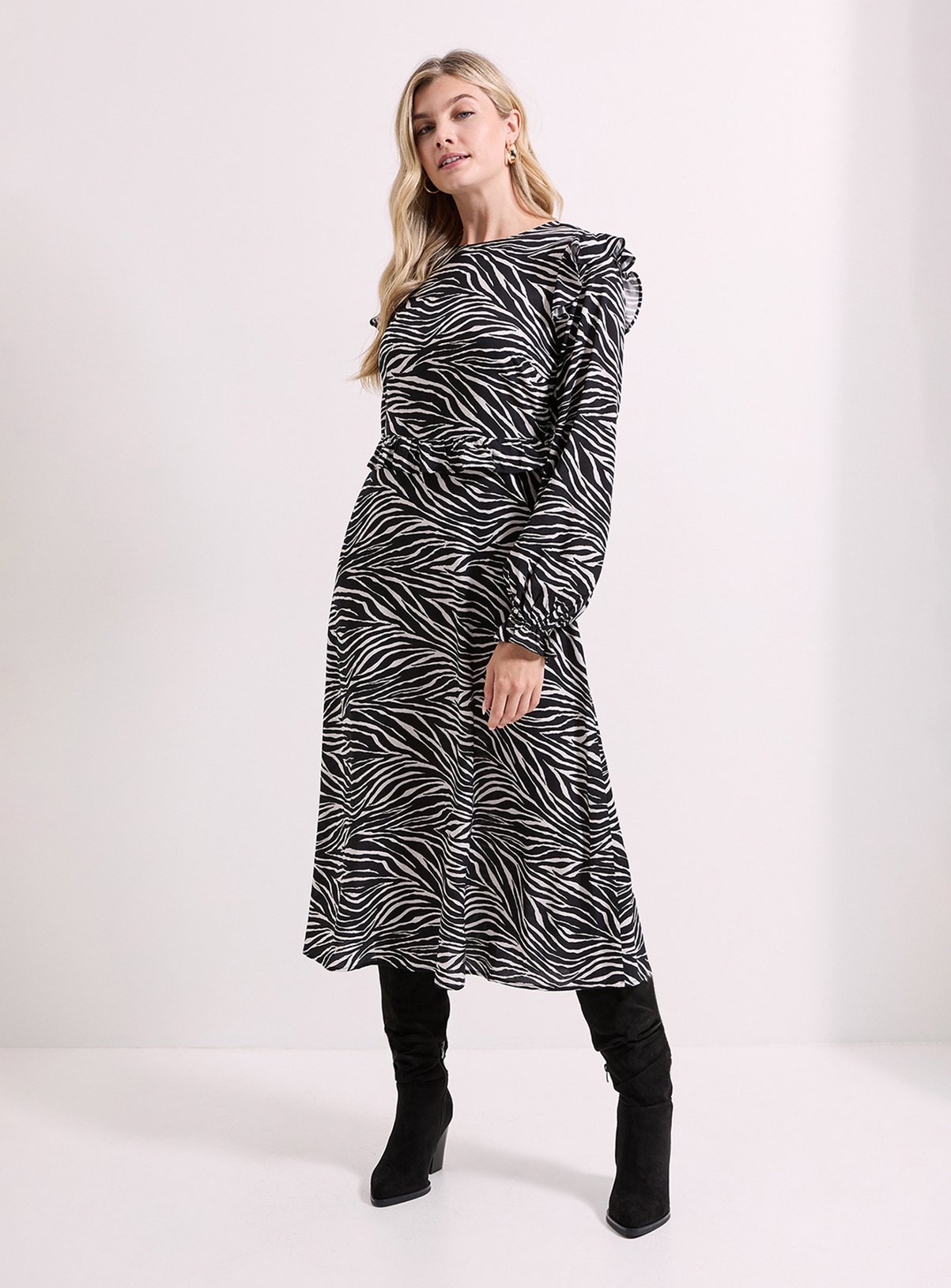 DOROTHY PERKINS Zebra Frill Detail Long Sleeve Midi Dress 18