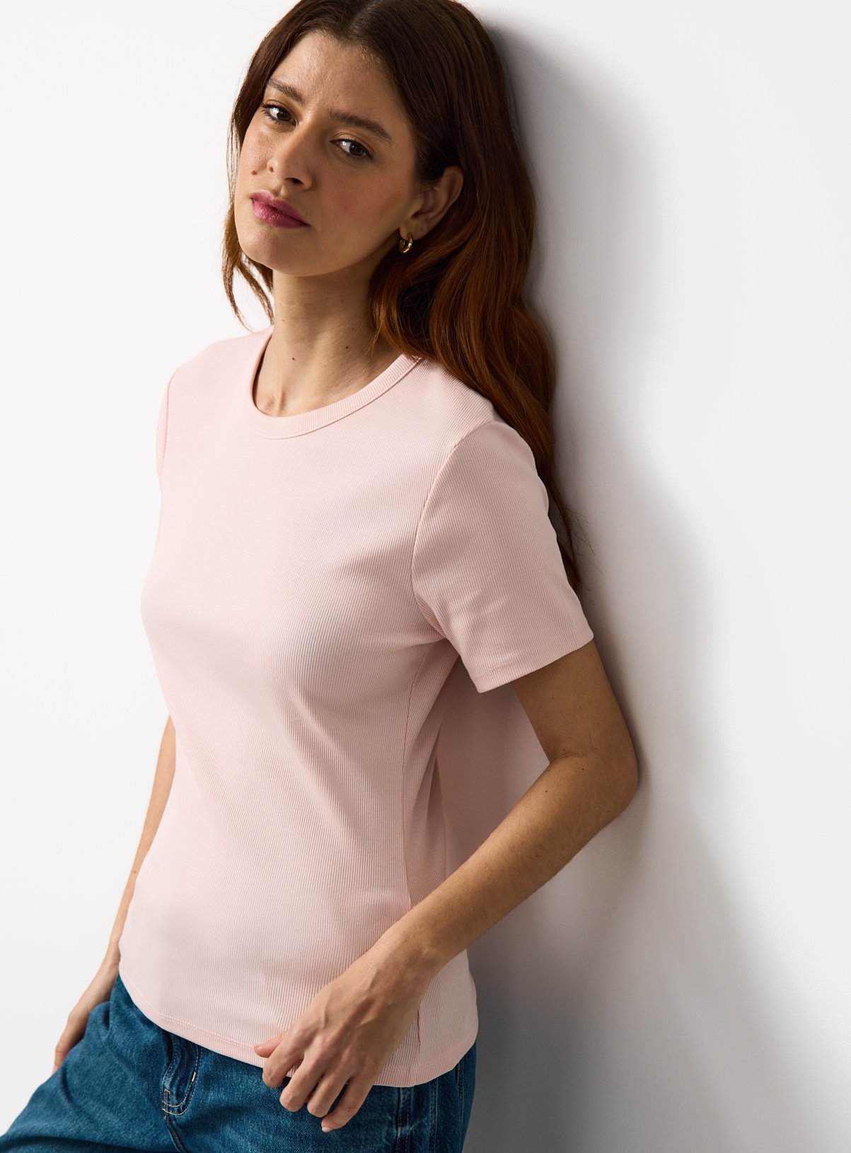 Pink Ribbed Slim Fit T-Shirt 6