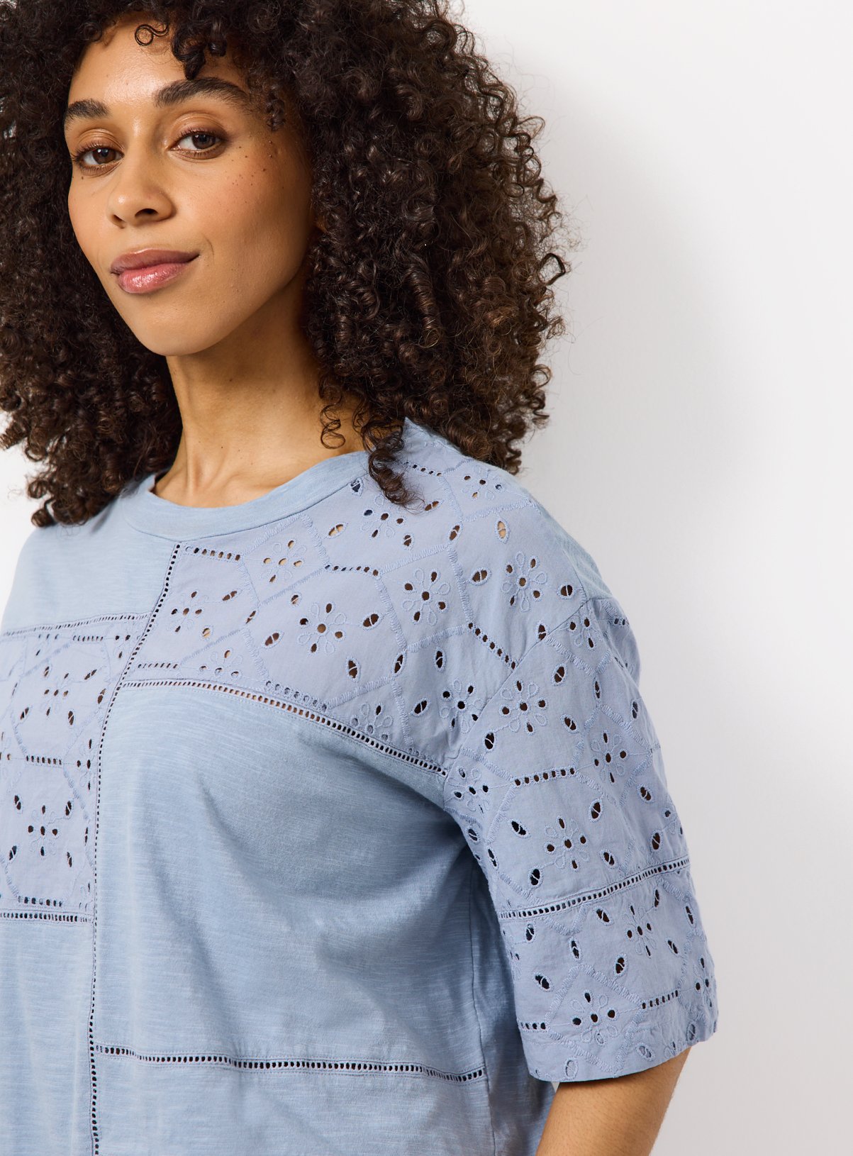 Blue Broderie Detail T-Shirt M