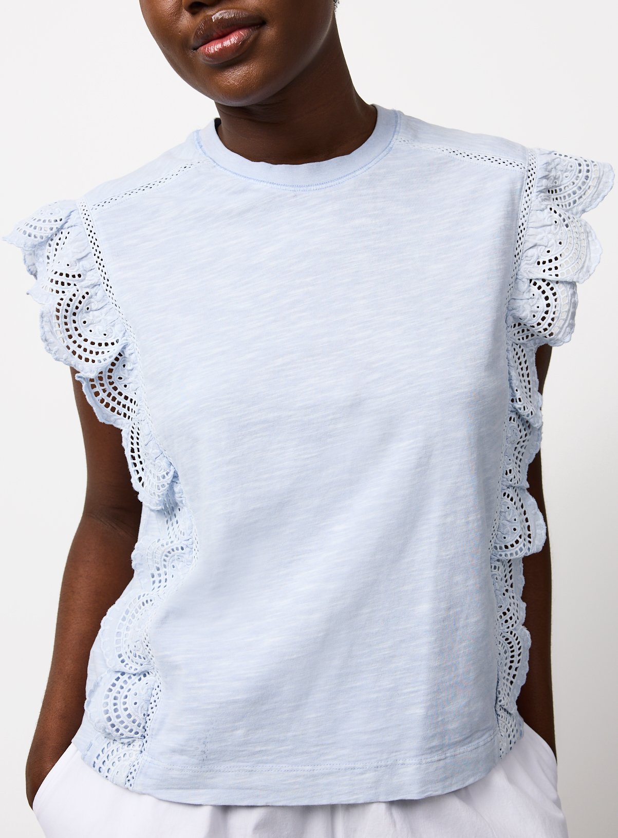 Blue Frill Broderie Detail Sleeveless T-Shirt 10