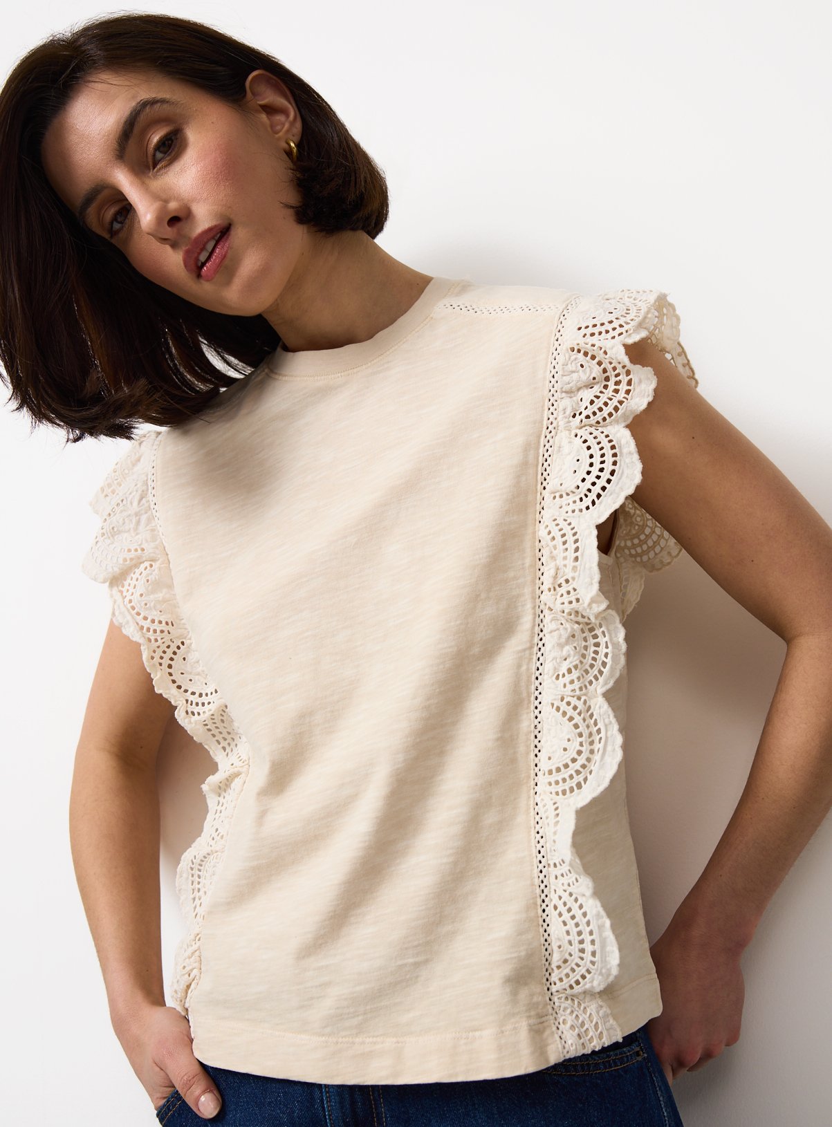 Frill Broderie Detail Sleeveless T-Shirt