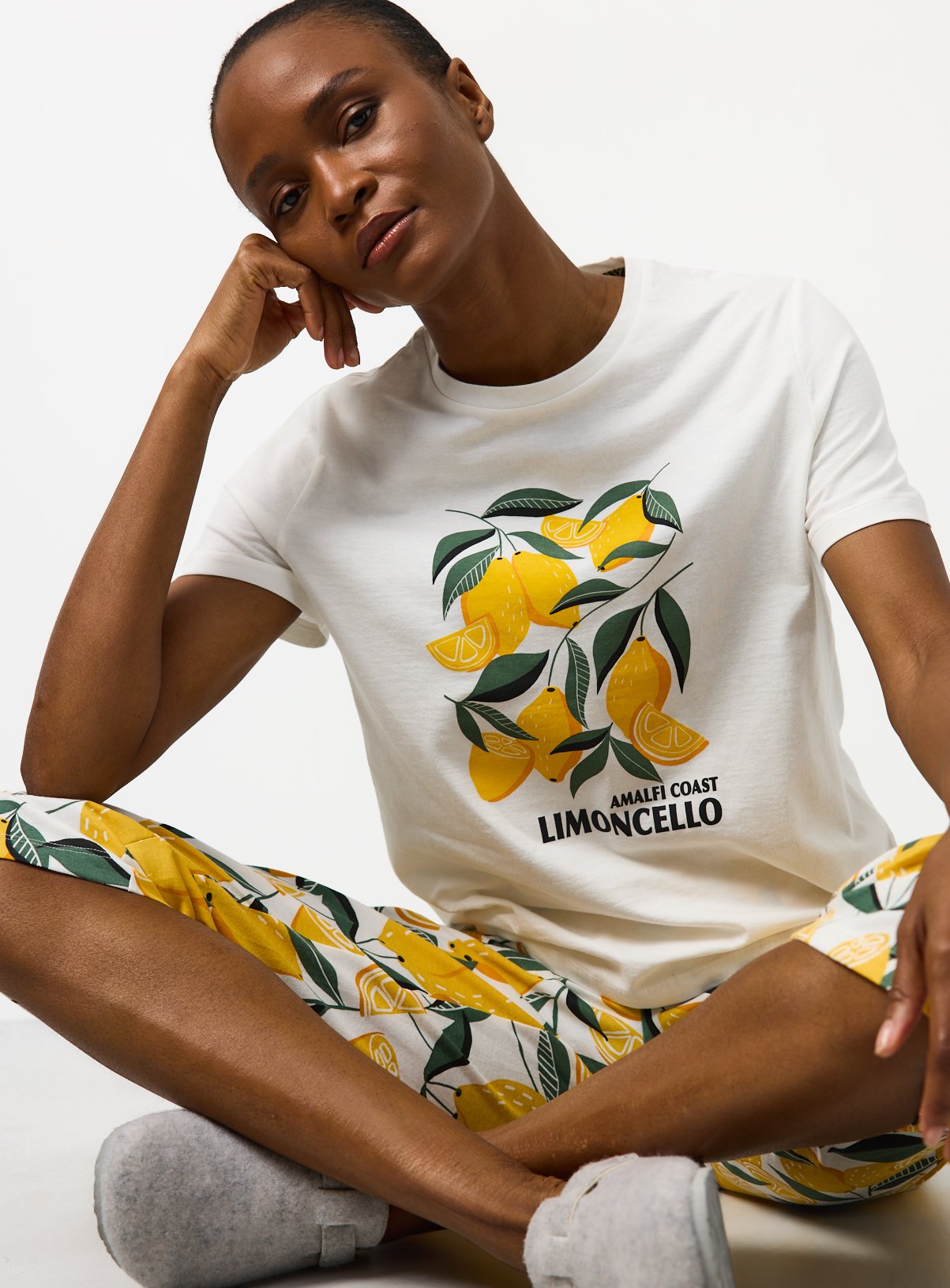 Cream Lemon Print Cropped Pyjamas