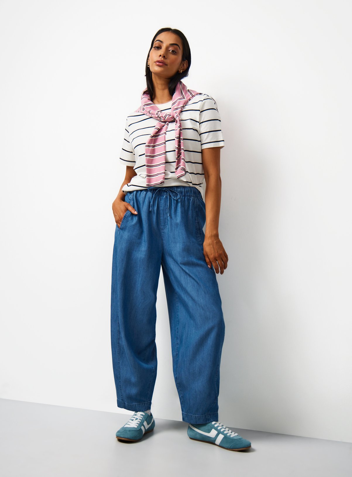 Blue Chambray Barrel Leg Trousers 