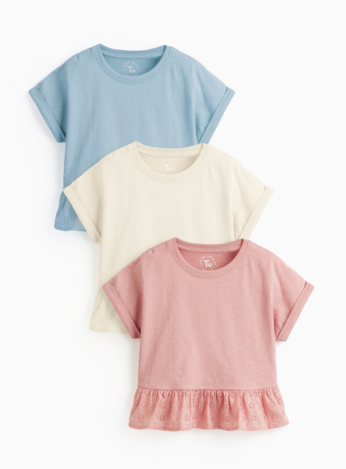 Broderie Peplum Hem Detail T-Shirts 3 Pack 