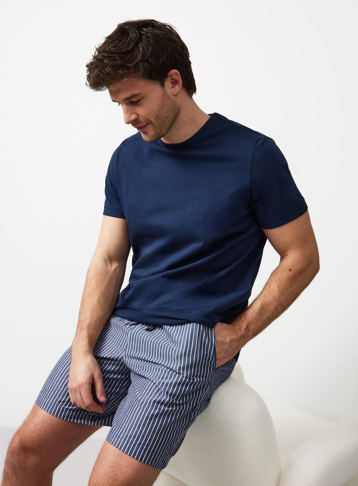 Navy Pinstriped Woven Jersey Shortie Pyjamas