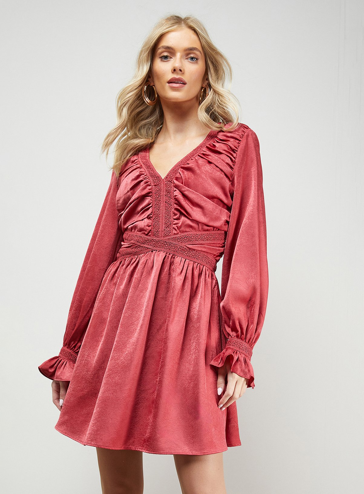 OASIS Lace Trim Gathered V Neck Mini Dress