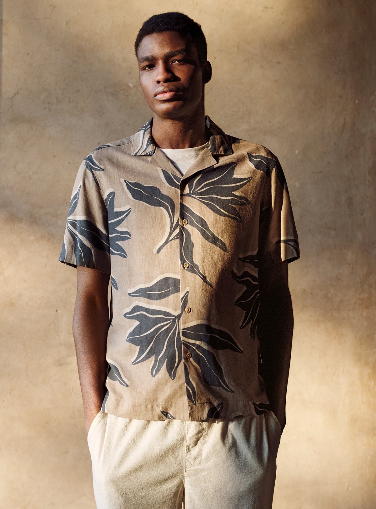 Linen Blend Leaf Print Shirt M