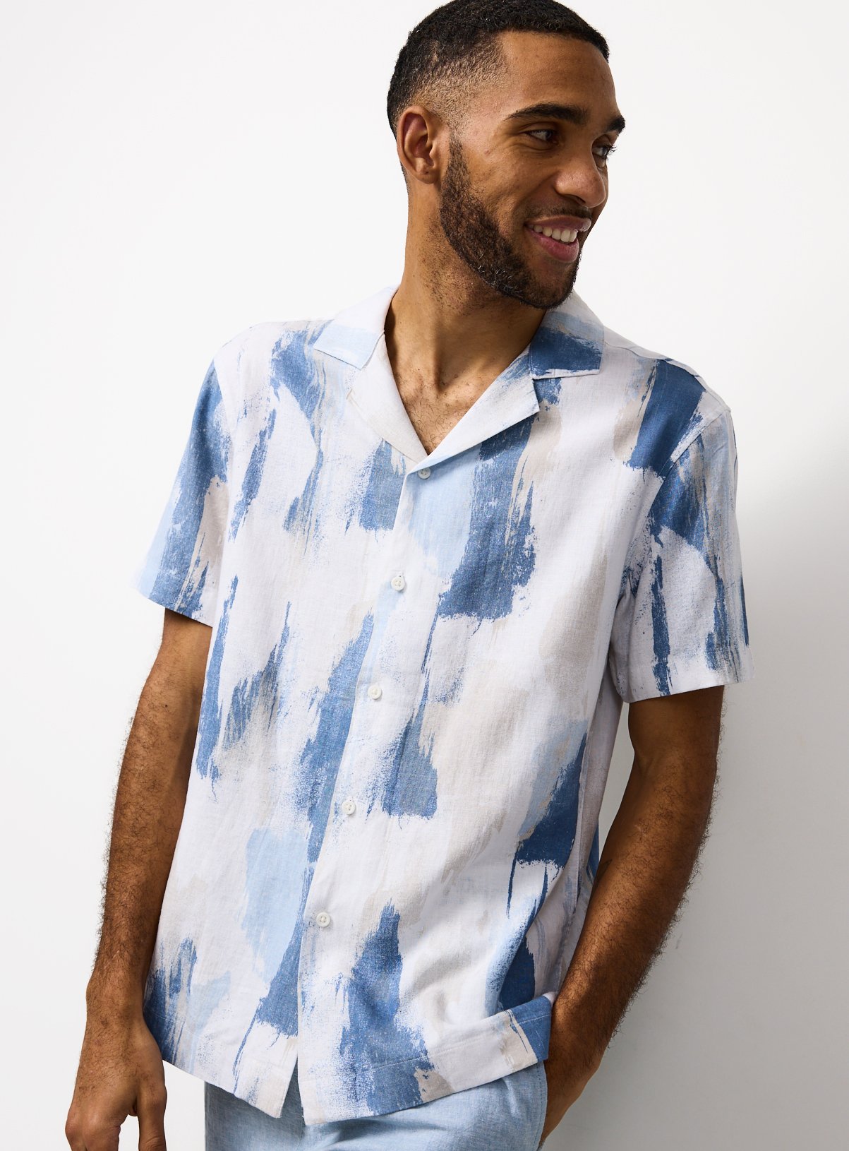 Brush Stroke Print Linen Short Sleeve Shirt 
