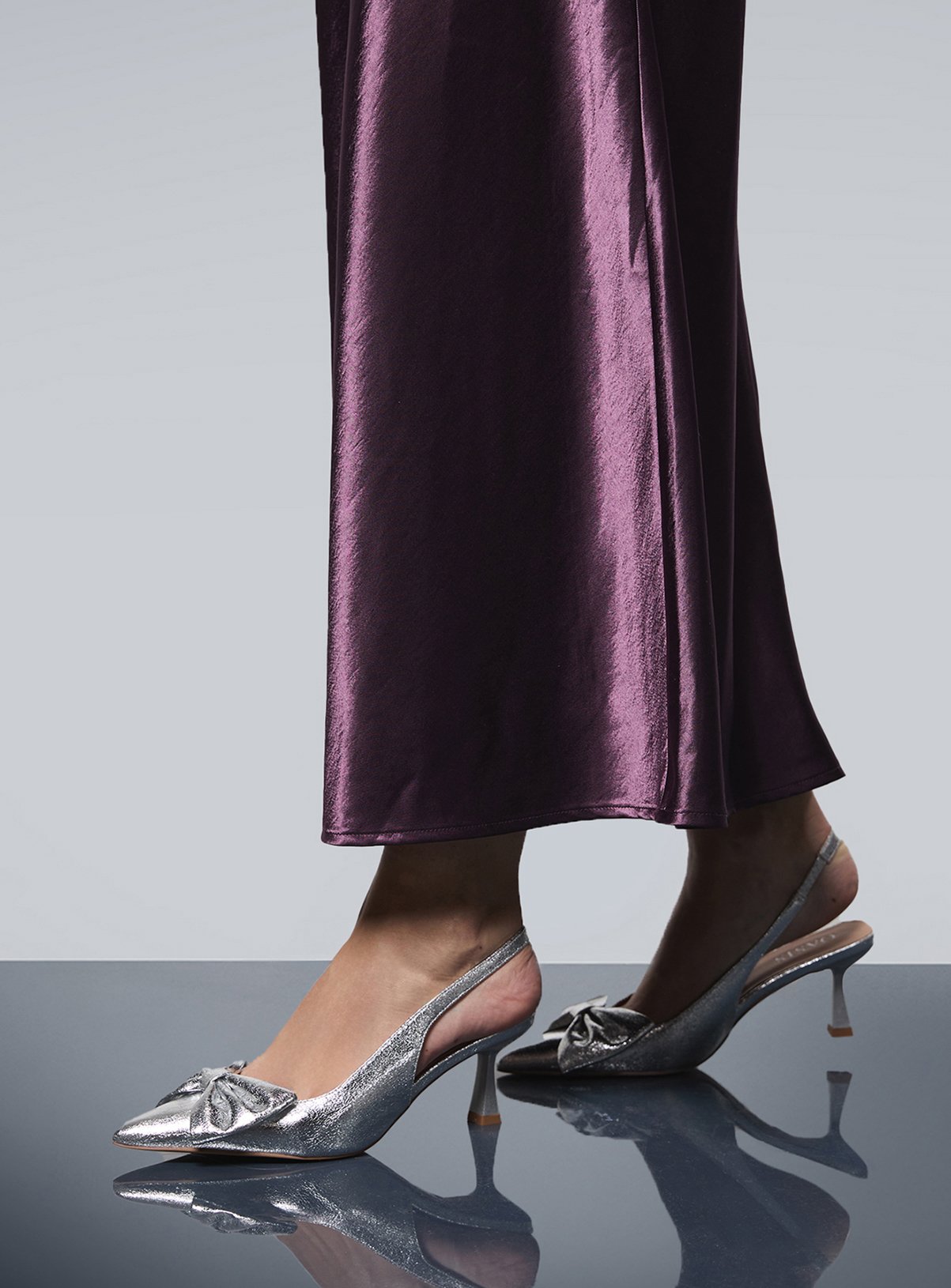 OASIS Dora Faux Metallic Leather Bow Slingback Medium Stiletto Heeled Court Shoes Silver 