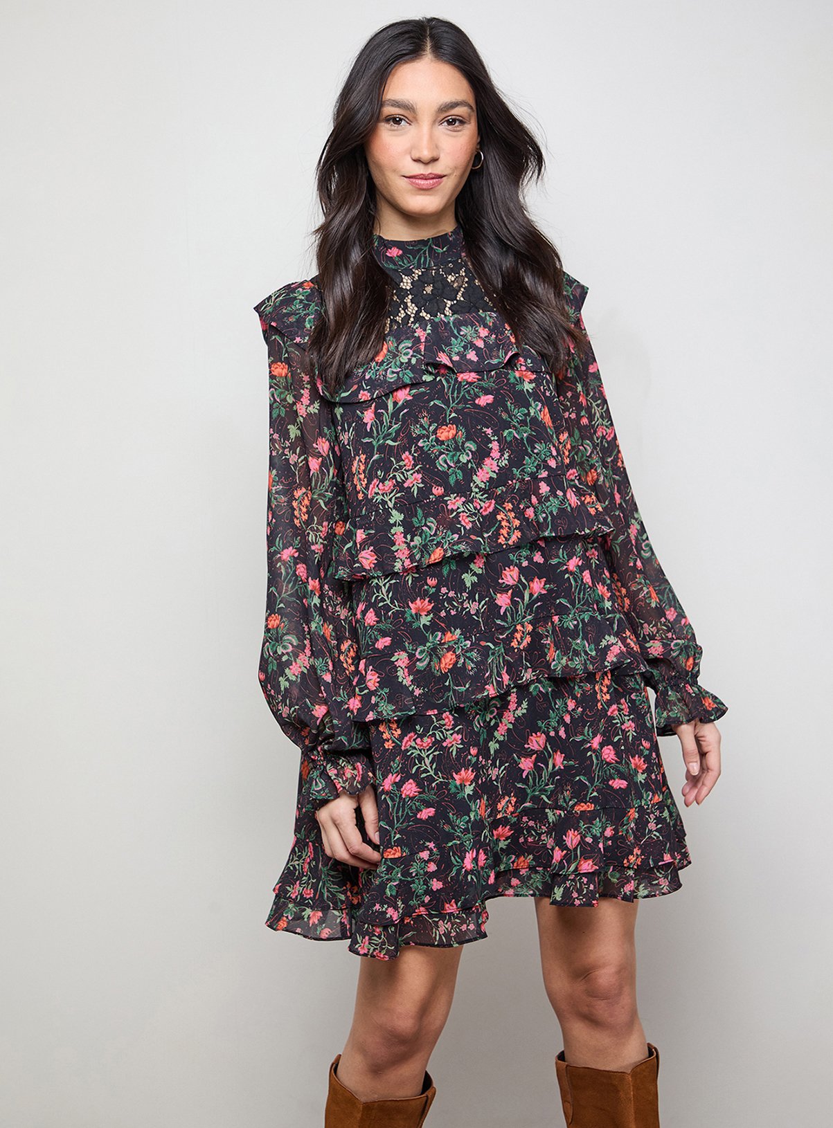 OASIS Printed Chiffon Lace Detail Tiered Long Sleeve Mini Dress 10
