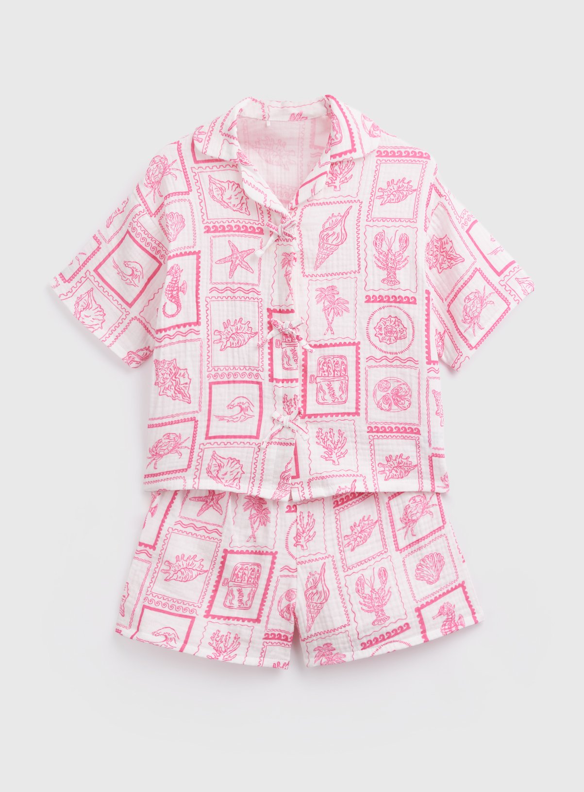 Seaside Stamp Print Tie Front Shortie Traditional Pyjamas