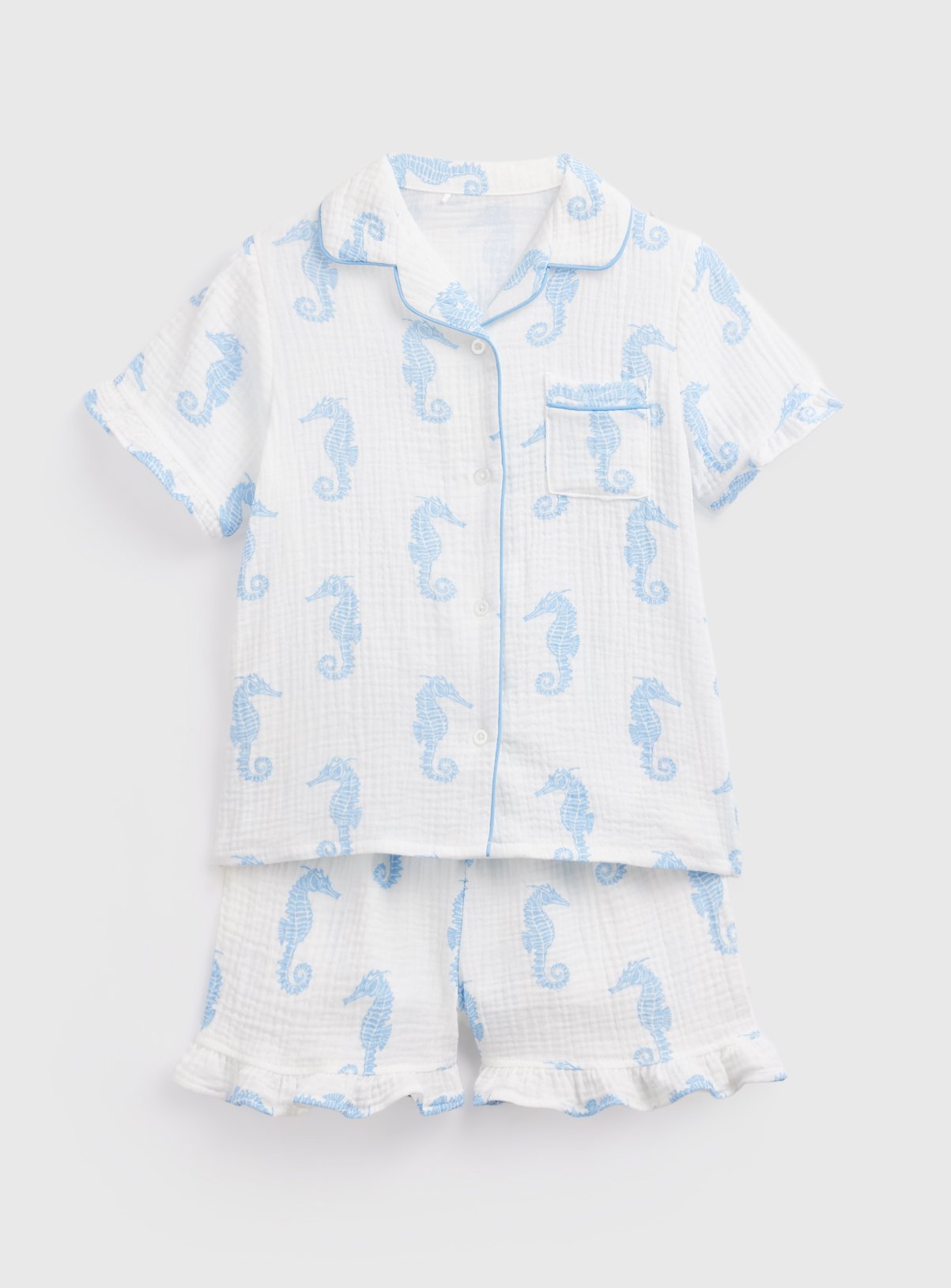 White Seahorse Print Double Cloth Shortie Traditional Pyjamas 1-2 years