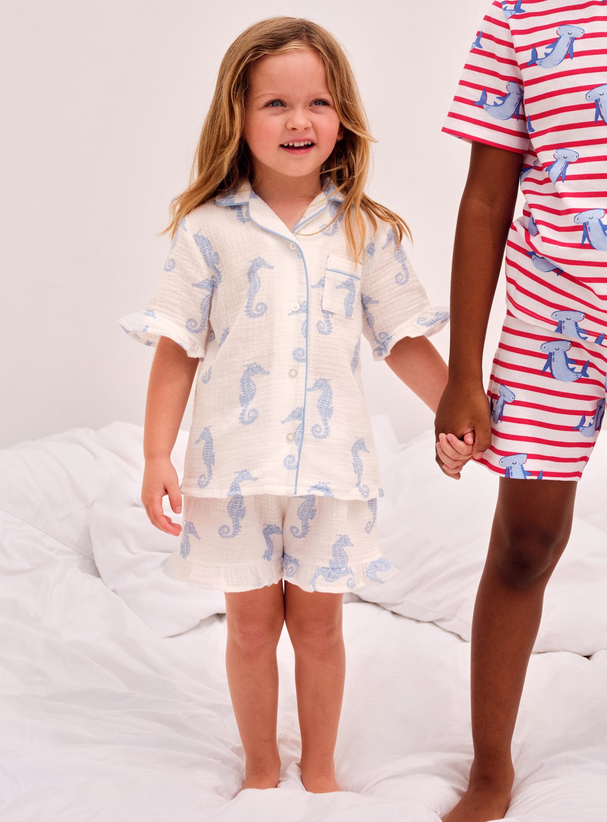 White Seahorse Print Double Cloth Shortie Traditional Pyjamas 