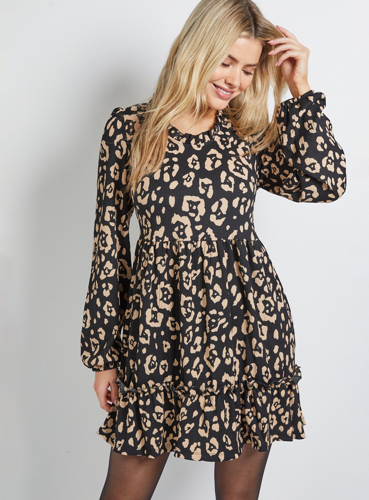 DOROTHY PERKINS Animal Tiered Scoop Neck Jersey Smock Mini Dress 16