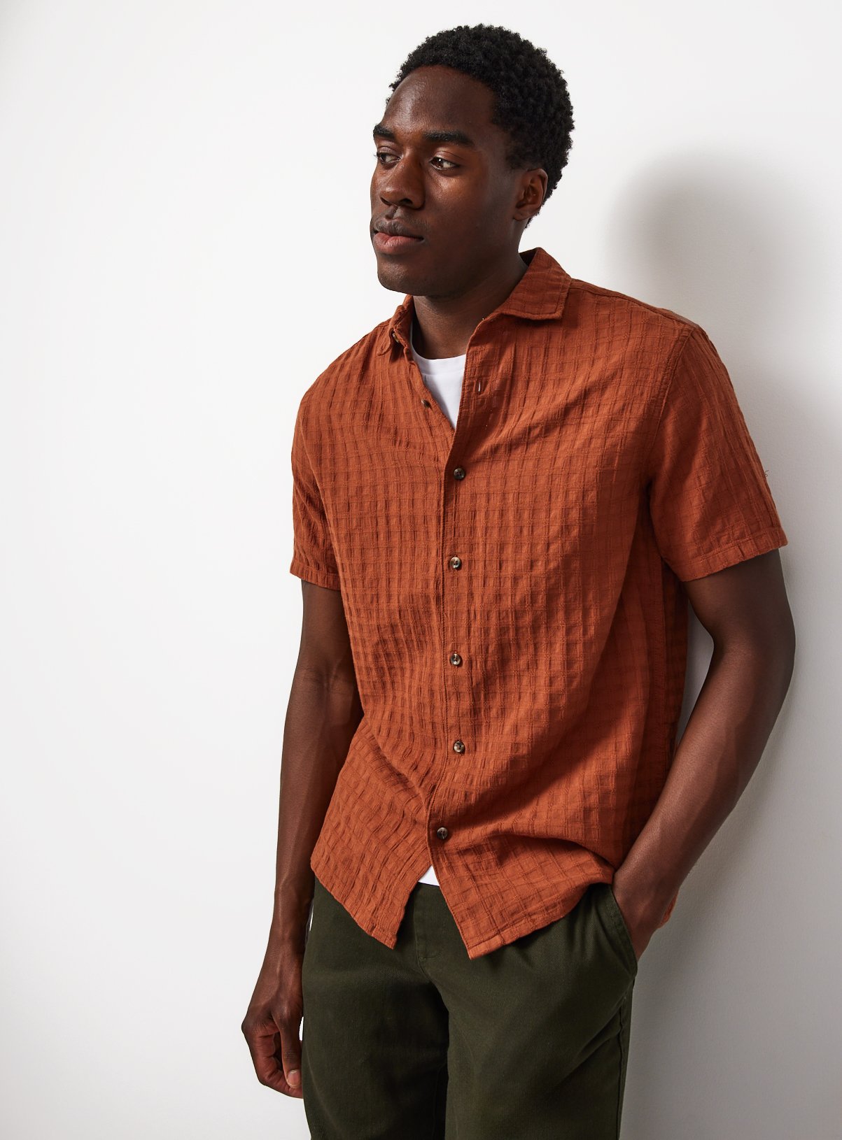 Brown Checked Textured Short Sleeve Shirt XL