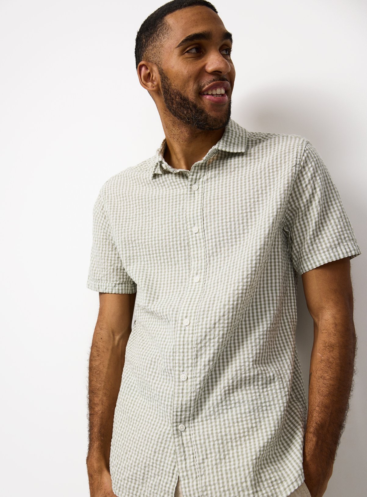 Light Green Seersucker Gingham Short Sleeve Shirt XL