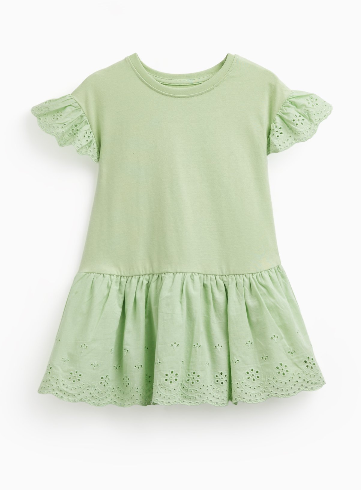 Green Broderie Frill Short Sleeve Jersey Dress 1-2 years